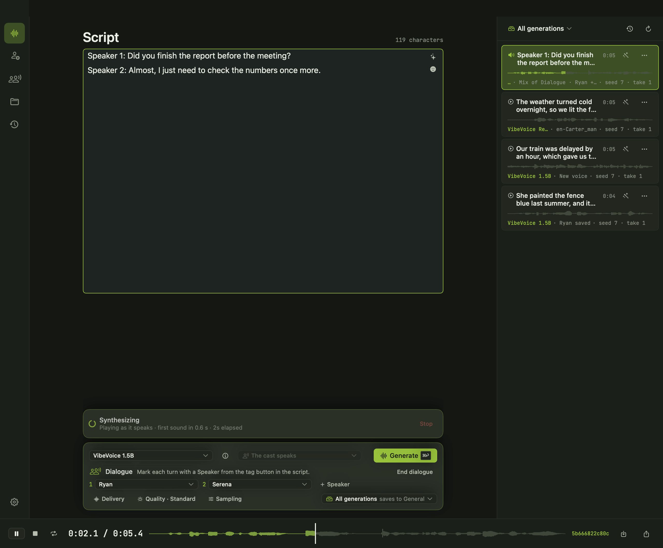 A two-speaker dialogue script with Ryan and Serena cast as speakers 1 and 2