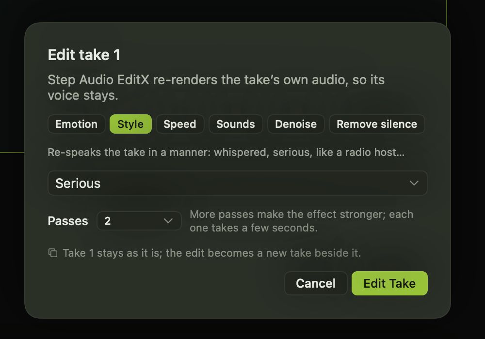 Editing a take’s style to Serious with two passes; the original take is kept
