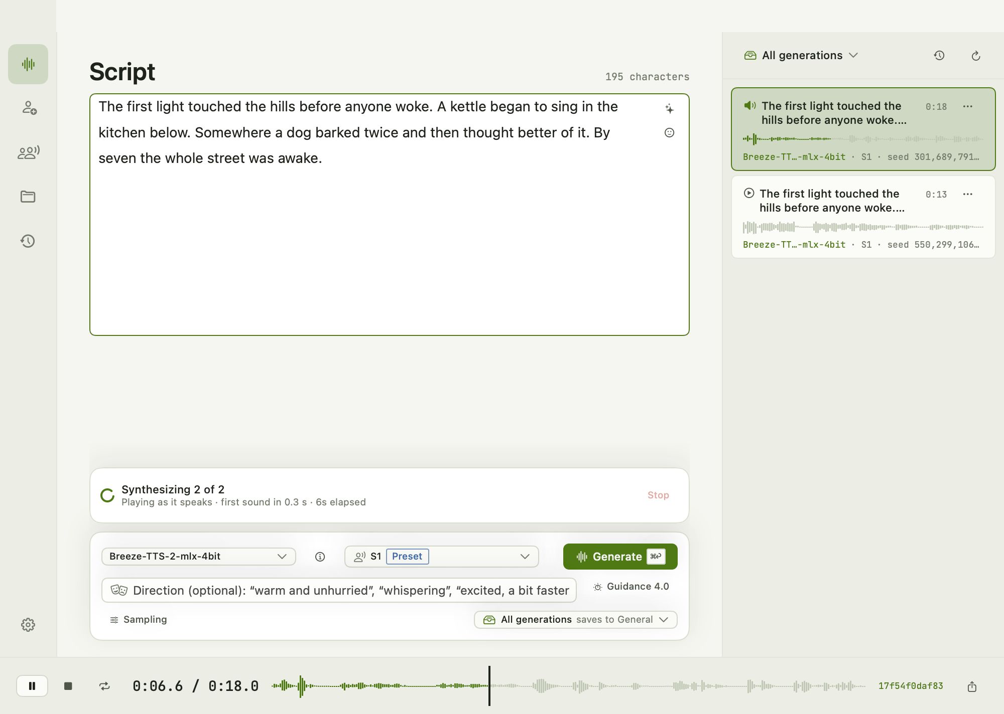 Avocado’s Generate page with a script, a model and voice picker, and recent takes listed beside it