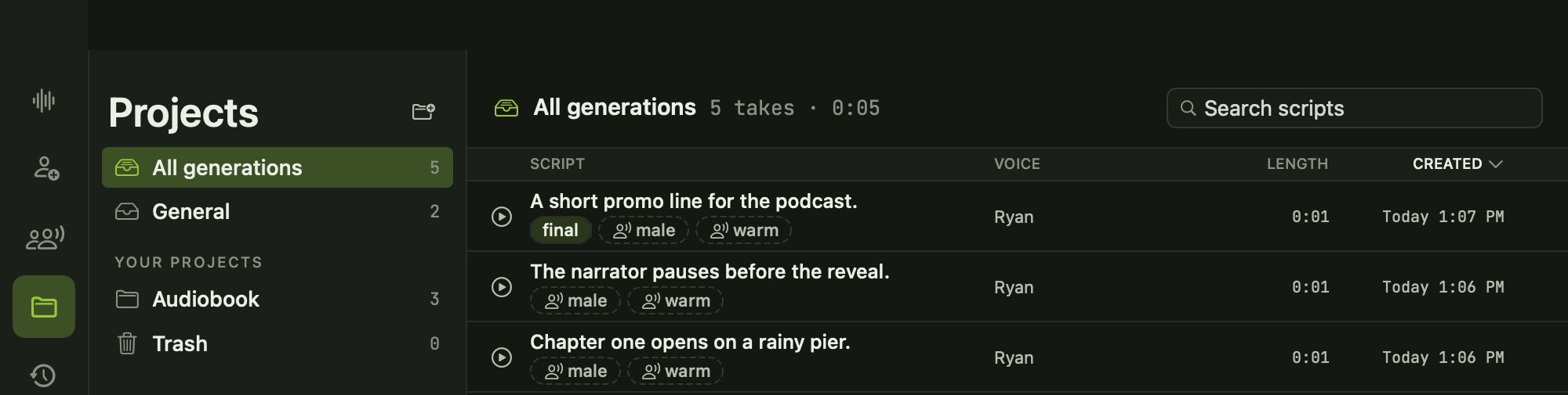 The Projects page with an Audiobook project and takes tagged final, male and warm